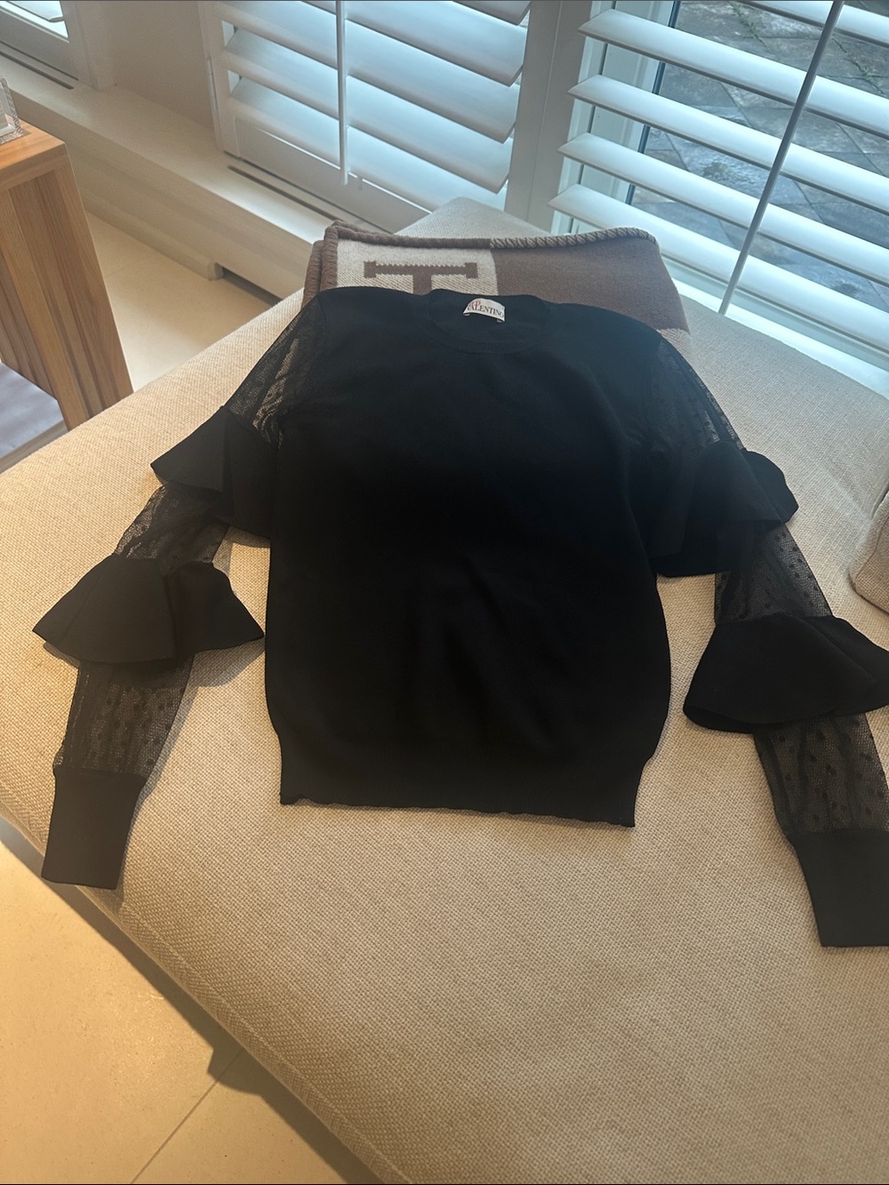 RED Valentino Black Sheer Ruffle Sleeve Knit Top